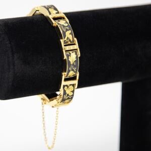 Vintage Signed ia Damascene Gold Tone Birds Foliate Bracelet Safety Chain 6.75"